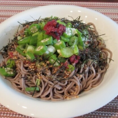 ランチに。
梅干しでとてもさっぱり！
ねばねばオクラ＆蕎麦なので、ズル～っと一気に食べられますね^m^
とても美味しかったです♪